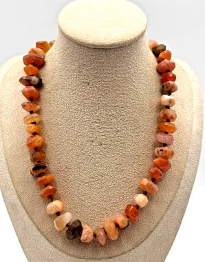 Chunky Bold Faceted Orange Botswana Agate Beaded Necklace Hand Knotted Nugget